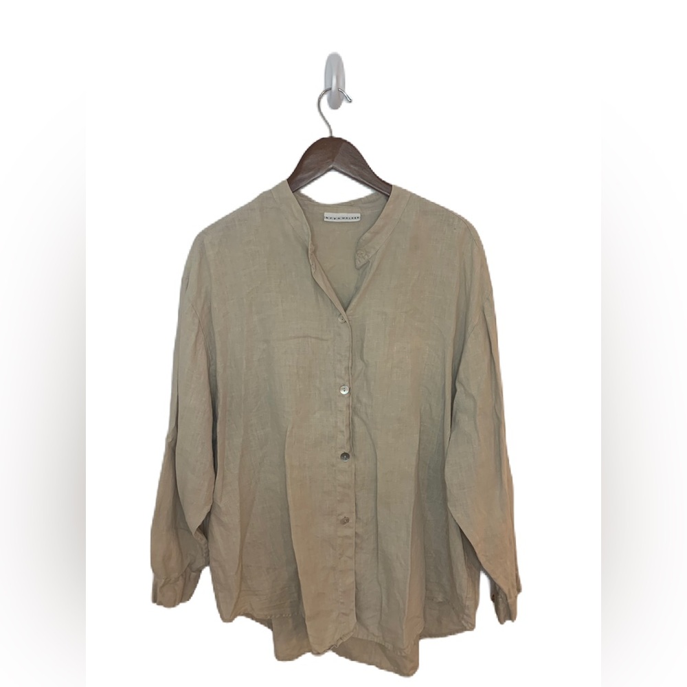 Bryn Walker 100% Linen Tunic Top Medium Button Up Natural Beige Long Sleeve